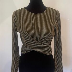 Striped Long Sleeve Twist Top black with gold accents
